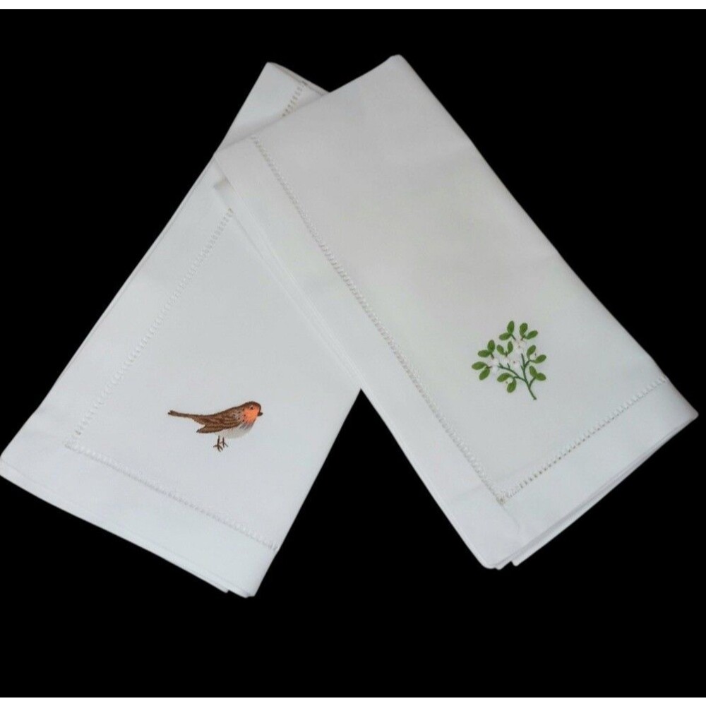 Hemstitch White Cotton Napkins With Bird And Flower Embroidered Set Of Two 19.5"